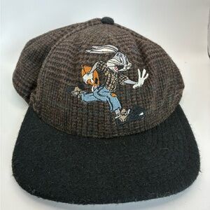 ACME Brown Plaid & Black Wool Blend Cap bugs bunny looney tunes 1990s vintage